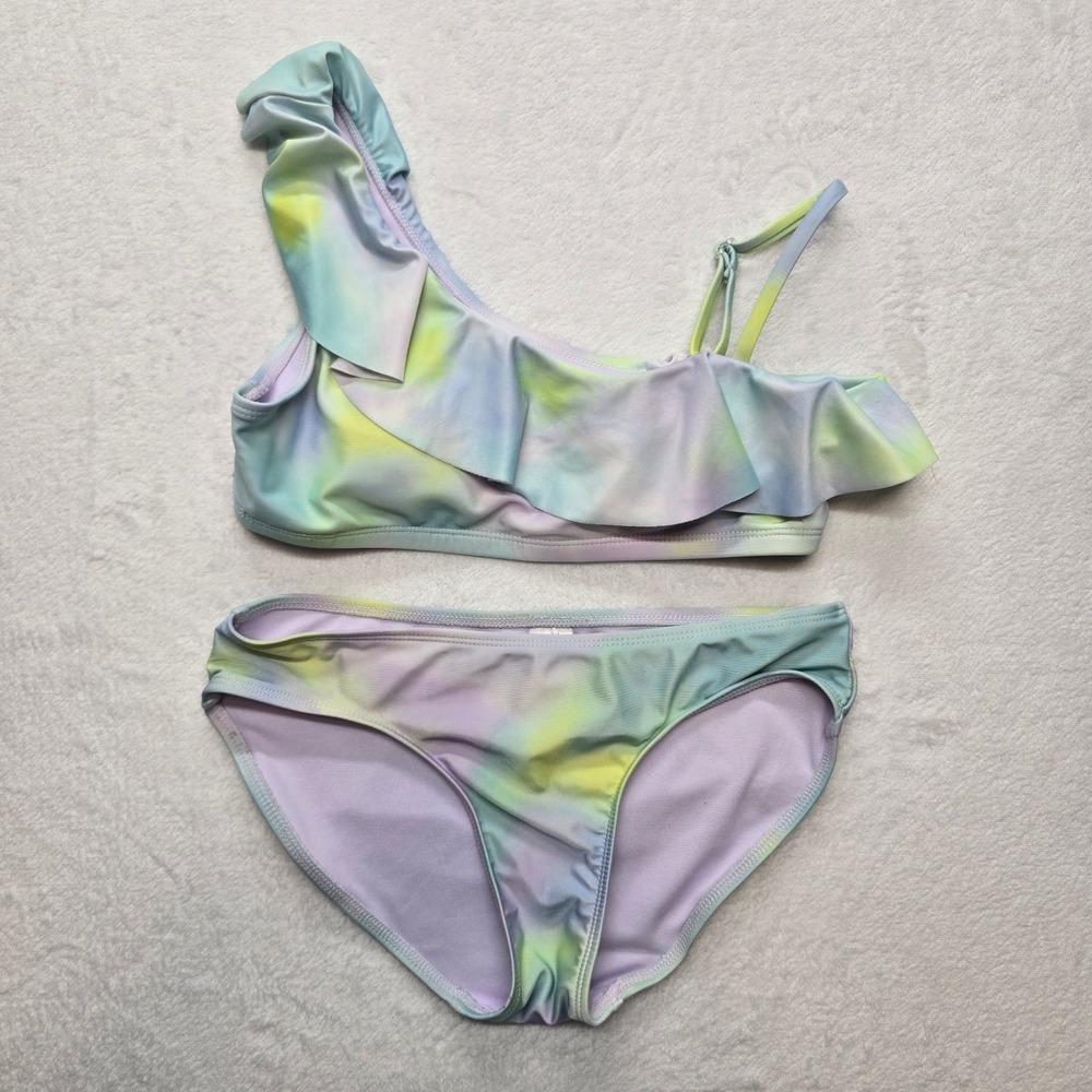 Justice Bikini Set Tie Dye Ruffle One Shoulder‎ Pastel Girls L 12/14